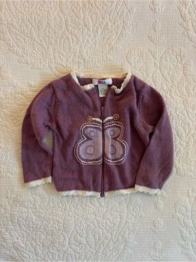 Vintage Purple Butterfly Zip Sweater Jacket with Cream Trim